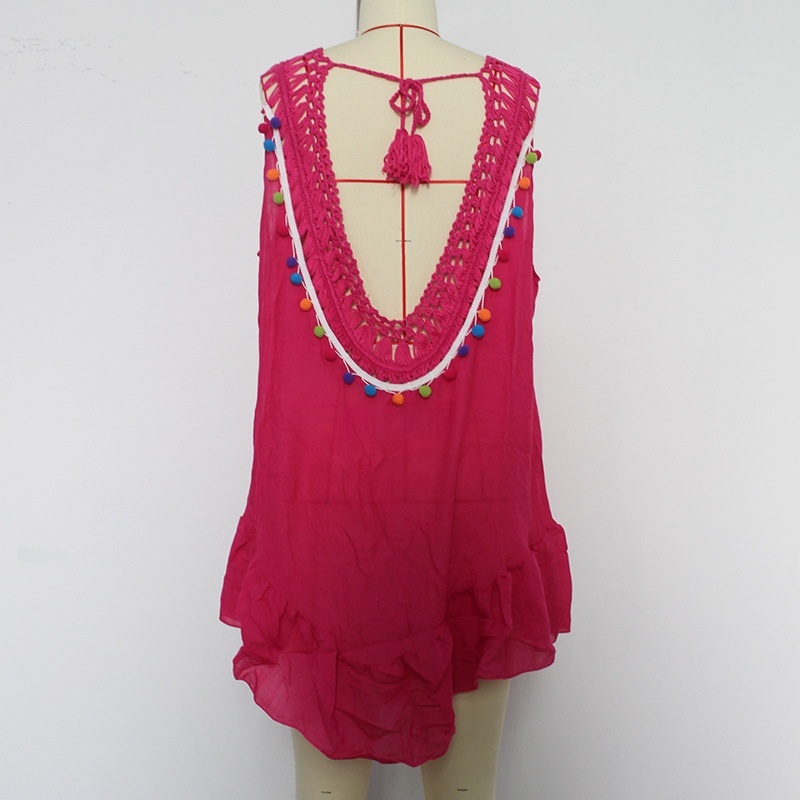 Womens Boho Beach Cover-Up Dress - Crochet V-Neck Sleeveless Mini Dress